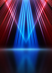 Empty show scene background. Reflection of a dark street on wet asphalt. Rays of red and blue neon light in the dark, neon shapes, smoke. Abstract dark background.