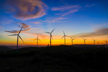 Fototapeta na wymiar Wind turbine farm from clean energy. Wind power for electricity.
