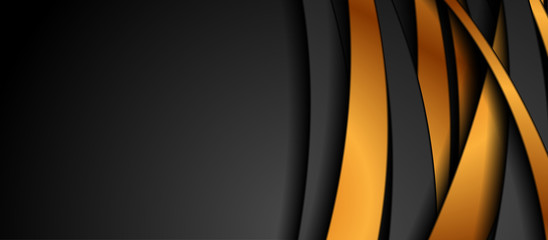 Black and bronze abstract wavy stripes corporate geometric background. Vector design