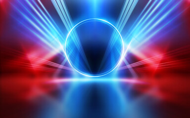 Empty show scene background. Reflection of a dark street on wet