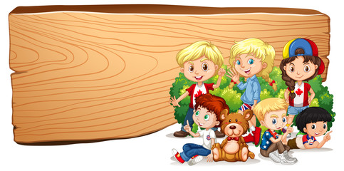 Obraz na płótnie Canvas Blank sign template with kids and teddy bear