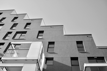 Contemporary apartment building. Generic residential architecture. Black and white.