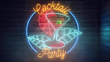Realistic 3D render of a vivid and vibrant animated neon sign, with the words Cocktail Party, in a smokey interior scene with wood panelled wall background