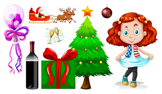 Girl and other christmas objects on white background