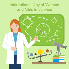 Female astronomer with a pointer. International Day of Women and Girls in Science. Woman scientist. Vector, flat style. Isolated.