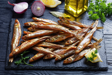 close-up of cold smoked smelts, top view
