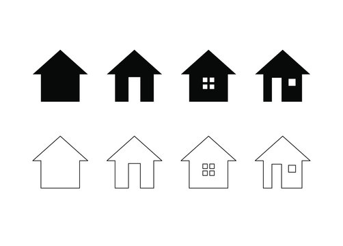 Home icon set. House symbol with door and window. Black building logo outline and fill silhouette. Isolated on white background. Vector illustration image.