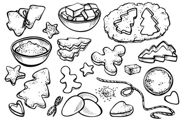 Sketch set with forms for cookies and christmas cookies. Vector illustration of Baking gingerbread.
