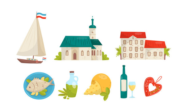 Croatia Architecture, Famous Souvenirs, Cuisine And Cultural Attributes Vector Illustration Set Isolated On White Background