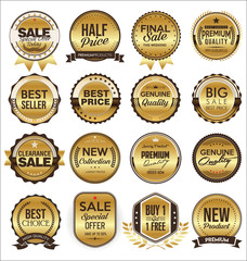 Collection of golden flat shields badges and labels retro style