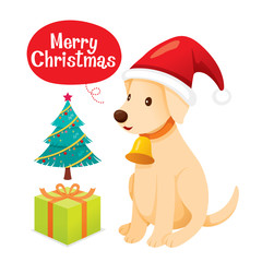 Labrador Retriever Dog Wearing Christmas Hat With Gift Box And Tree Wish Merry Christmas
