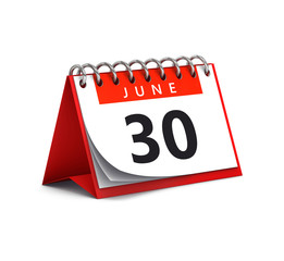 3D rendering of red desk paper summer month of June 30 date - calendar page isolated on whit