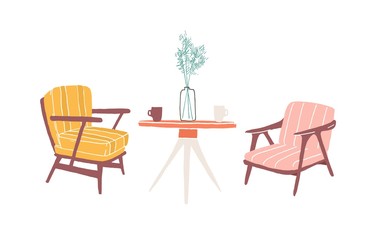 Table and armchairs hand drawn vector illustration. Living room furnishing, home retro interior items. Soft vintage chairs and round table drawing. Old-fashioned furniture isolated on white background