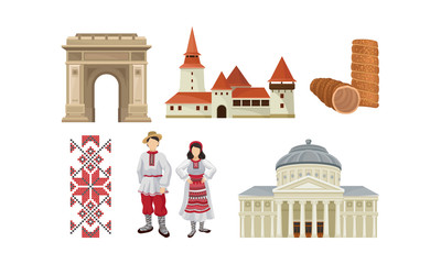 National Food, Architecture And Culture Of Romania Vector Illustration Set Isolated On White Background