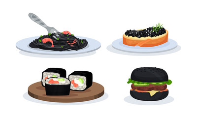 Set With Snacks With Components Of Black Color Vector Illustration