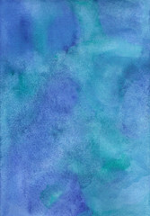 Watercolor background in blue and green colors. Raster abstract illustration for stories background. Hand drawn gradient painting.