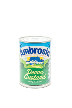 Isolated tin of Ambrosia Devon Custard, a popular British food brand marking its centenary of production at the Lifton Creamery, Devon, UK in 2017
