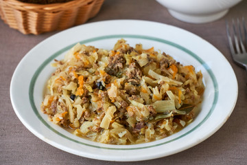 Stewed cabbage with minced meat on a white plate