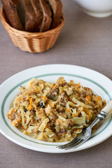 Stewed cabbage with minced meat on a white plate
