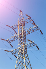 High-voltage power lines.Electricity pylon.Power Tower.Distribution electric substation with power lines and transformers.