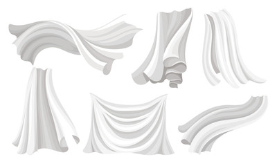 Set of pieces of wavy white fabric. Vector illustration. - obrazy, fototapety, plakaty