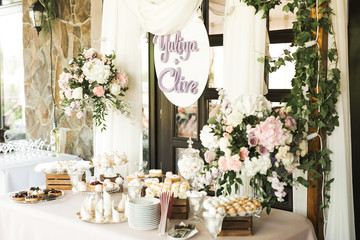 Interior of a restaurant prepared for wedding ceremony