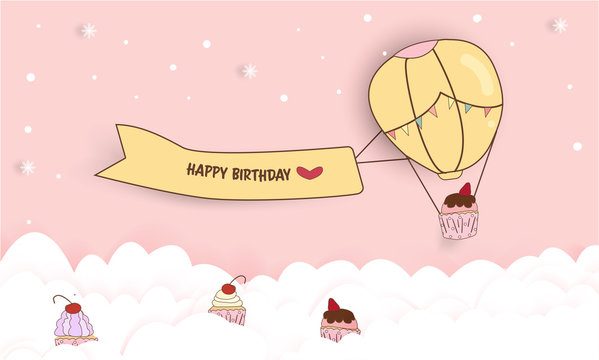 the sweet ballon cupcake fly on the sky.happy birthday wording post on photo.wallpaper for dessert cafe shop.pink pastel background is very adorable.the picture suitable for party and bakery lover.