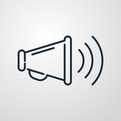 Icono plano lineal megáfono con ondas en fondo gris