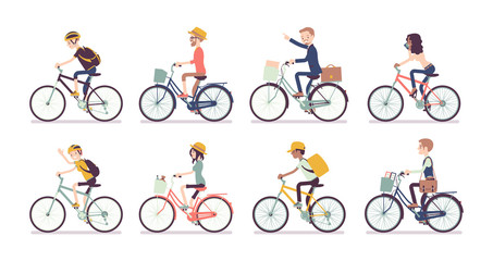 Obraz premium Cyclists and bicycles set. Male, female happy persons riding different cycles for sport, fun, work, business or recreation, use sharing system in public places. Vector flat style cartoon illustration