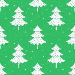 Christmas, New Year vector seamless pattern. Hand drawn flat christmas trees print. Green background. 