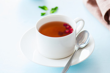 Tea with cranberry on a light blue background.