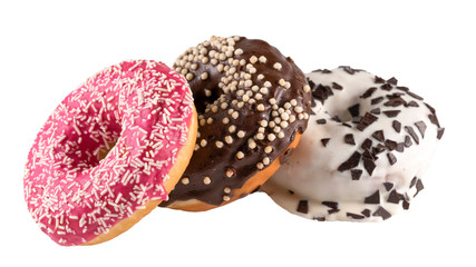 Rows of colorful donuts with sprinkles and different fillings on white background