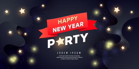 Happy New Year party banner. Holiday background with stars and golden confetti. Vector illustration for website, posters, coupons