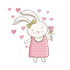 Cute cartoon Easter Bunny in vector. Little rabbit girl holding heart. Vintage hand drawn style. Kawaii funny animal. Happy character. Greeting card for Easter, Valentine's day, birthday.