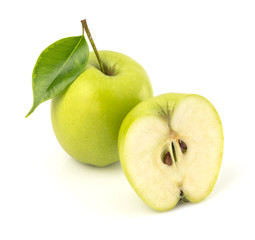 Green apples with leaves isolated on white background