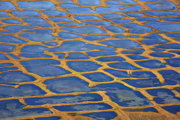 Polygonal tundra landscape in summer, Taymyr peninsula, aerial view