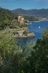 Portofino Ligurie Italy. Mediterranean Sea and coast. Harbor. Boats and superyacht. Bay