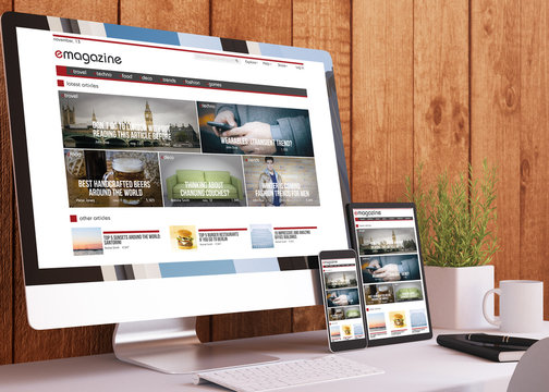 responsive devices on wooden studio e-magazine website mock up