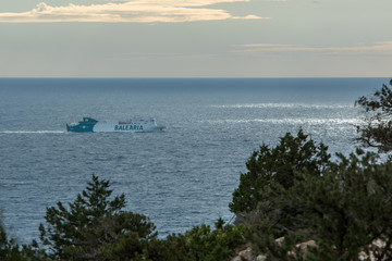 Formentera, Spain: 2021 August 06: Ferry of the Balearia company entering the port of Ibiza in...