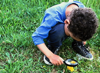 boy with magnifying glass ready to explore the garden stock photograph stock photo