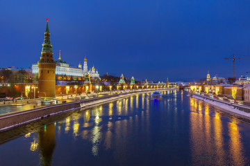 Kremlin and river in Moscow in the winter evening