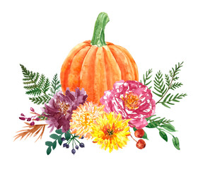 Watercolor decorative fall bouquet with orange pumpkin and flowers arrangement, isolated on white background. Holiday Thanksgiving day decor in rustic style. Hand painted illustration - obrazy, fototapety, plakaty