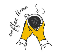 Coffee time concept with human hands holding cup with hot fragrant coffee and text isolated on white background. Top view. Hand drawn sketch style. For banner, logo, menu design.Vector illustration.