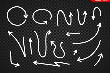 Arrows vector. Hand drawn arrows isolated on dark transoarent background.