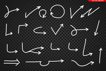 Arrows vector. Hand drawn arrows isolated on dark transoarent background.