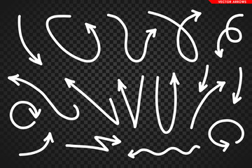 Arrows vector. Hand drawn arrows isolated on dark transoarent background.