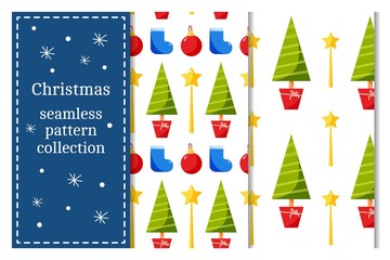 Seamless pattern collection with elements christmas fir and gifts. Texture for web page, greeting cards, posters and banners. Prints on fabric and paper.
