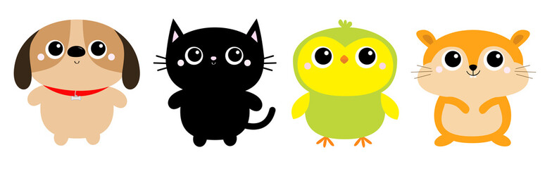 Dog Black Cat Hamster Parrot bird toy icon set line. Big eyes. Kitty kitten standing. Funny Kawaii animal. Kids print. Cute cartoon baby character. Pet collection. Flat design White background
