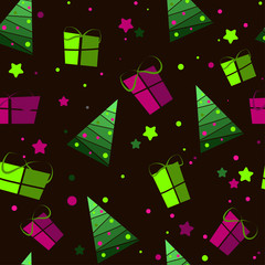  Seamless pattern: Christmas wrapping of Christmas trees and gifts on a brown background. flat vector illustration