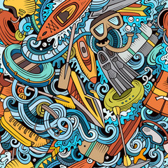 Cartoon cute doodles hand drawn water extreme sports seamless pattern.